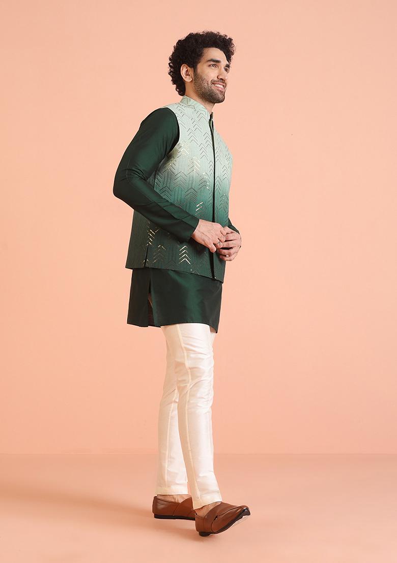 Green Embellished Cotton Nehru Jacket Set For Men