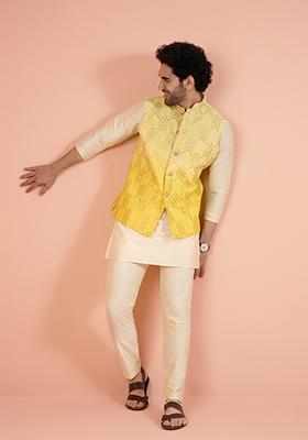 Yellow Embellished Cotton Nehru Jacket Set For Men