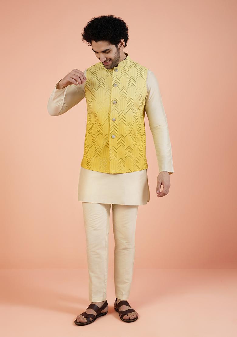 Yellow Embellished Cotton Nehru Jacket Set For Men