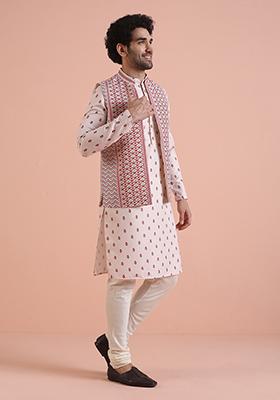 White Printed Cotton Nehru Jacket Set For Men