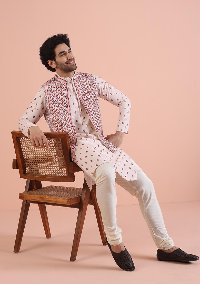 White Printed Cotton Nehru Jacket Set For Men