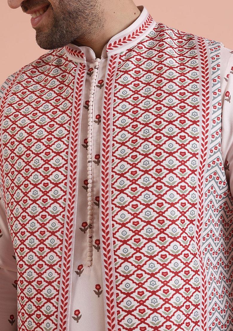 White Printed Cotton Nehru Jacket Set For Men