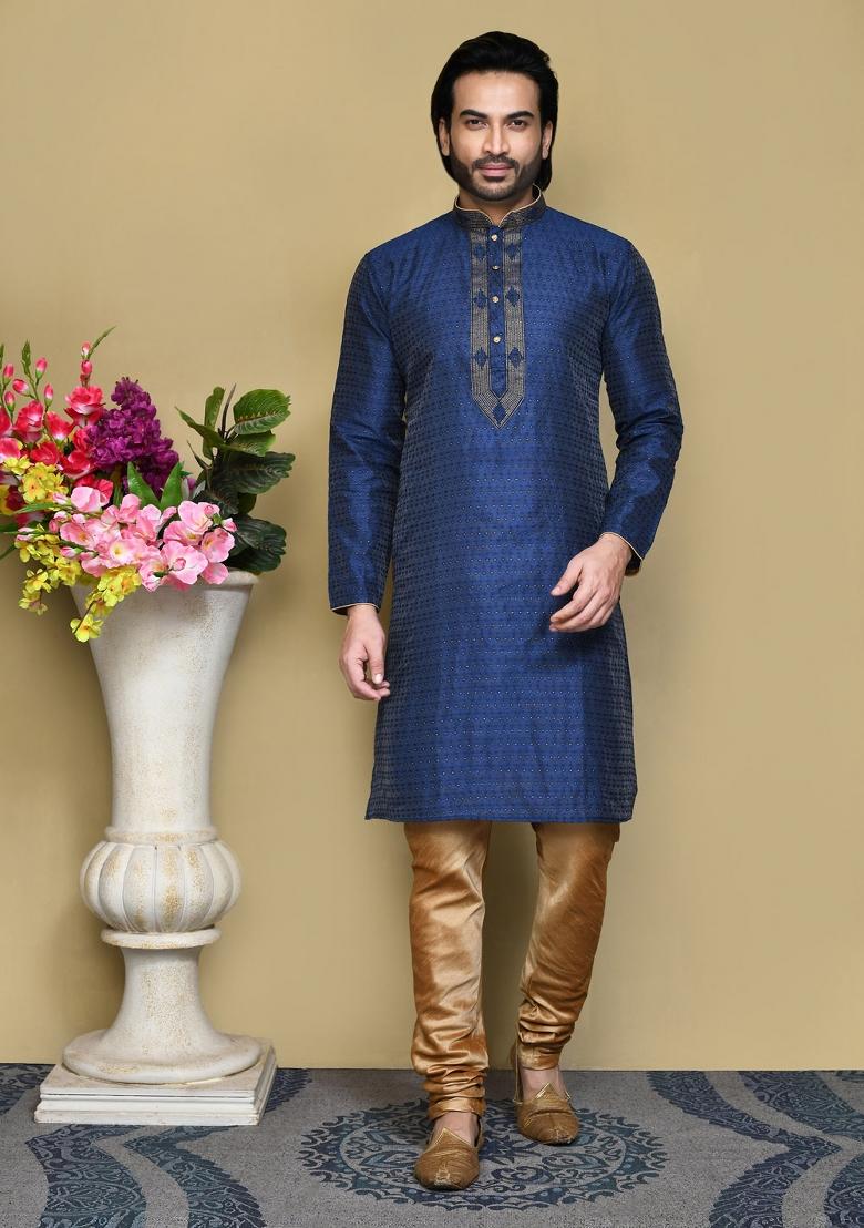 Navy Blue Woven Silk Kurta Set For Men