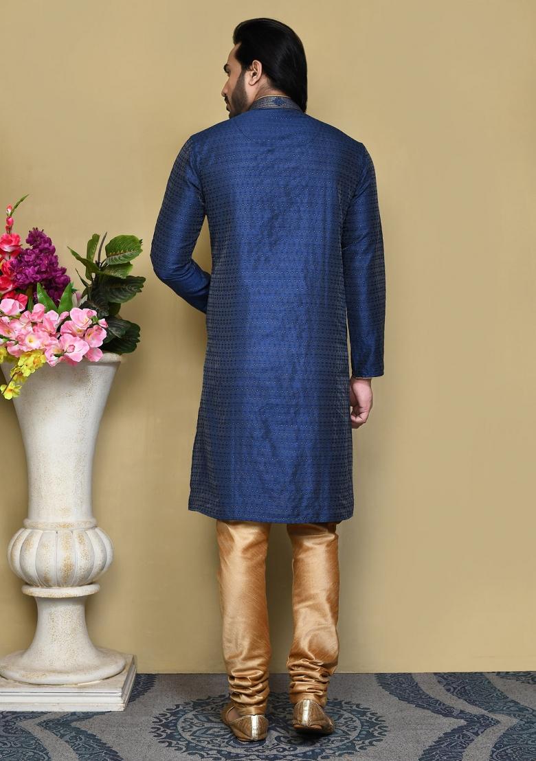 Navy Blue Woven Silk Kurta Set For Men