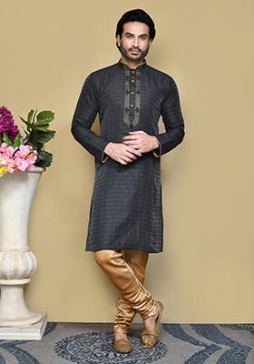 Black Woven Silk Kurta Set For Men