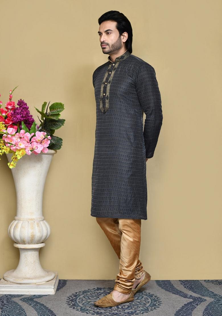 Black Woven Silk Kurta Set For Men