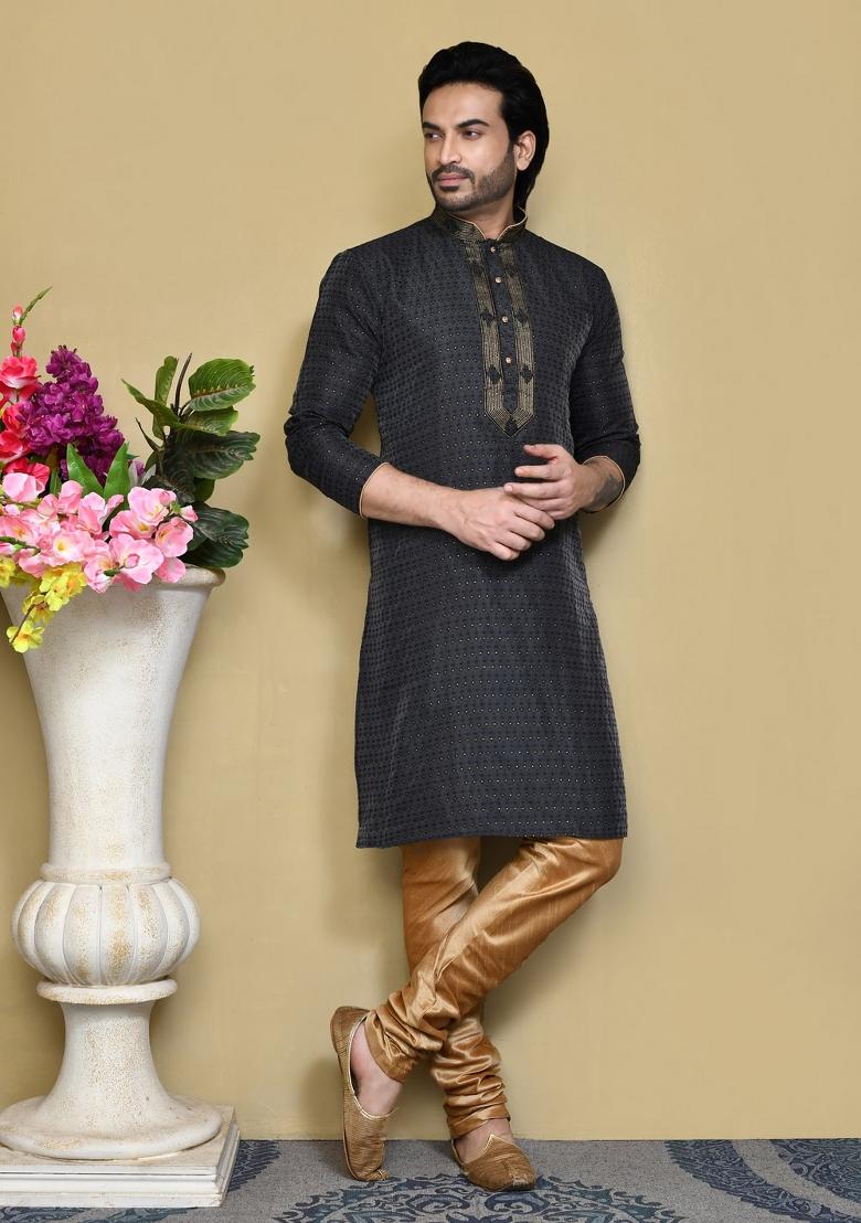 Black Woven Silk Kurta Set For Men