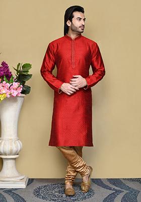 Red Woven Silk Kurta Set For Men