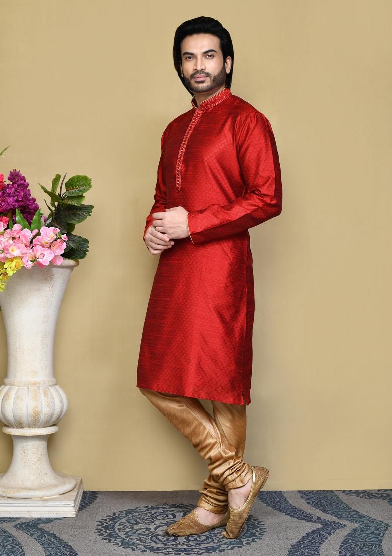 Red Woven Silk Kurta Set For Men