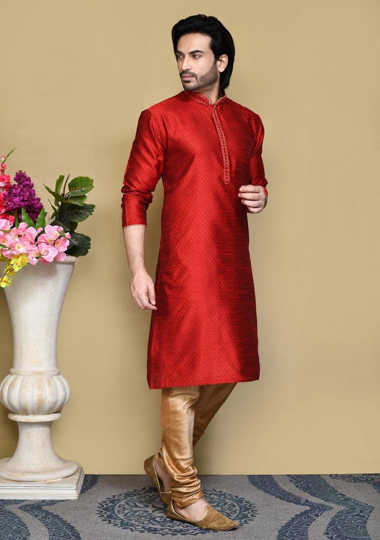 Red Woven Silk Kurta Set For Men