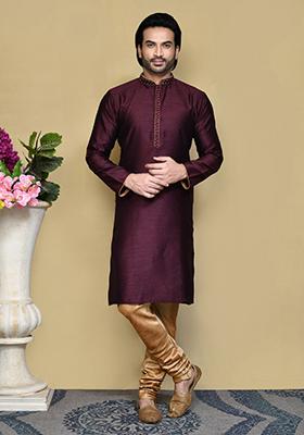 Purple Woven Silk Kurta Set For Men