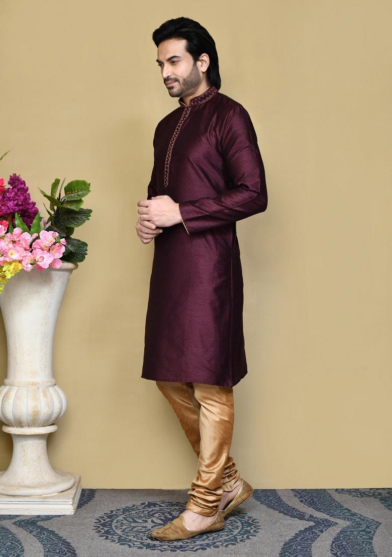 Purple Woven Silk Kurta Set For Men