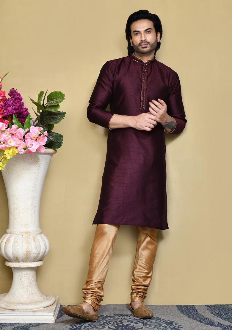 Purple Woven Silk Kurta Set For Men