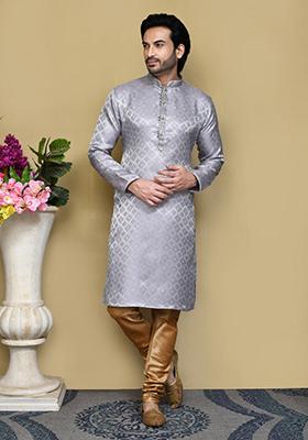 Grey Woven Silk Kurta Set For Men