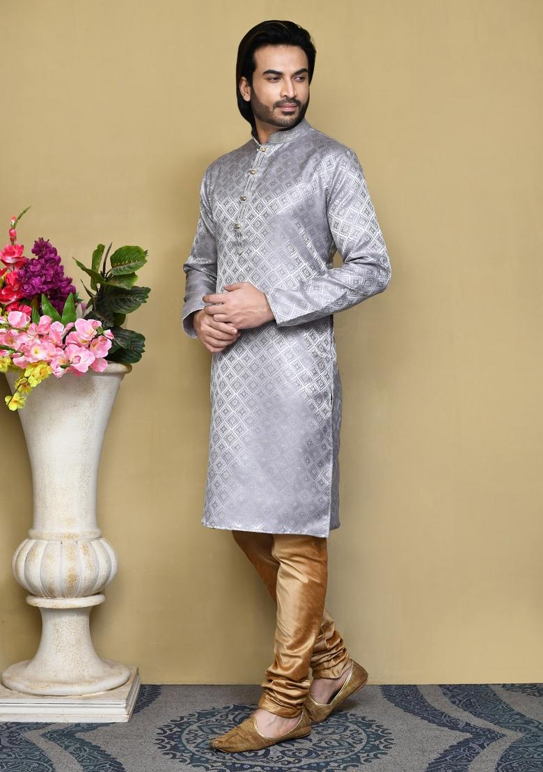 Grey Woven Silk Kurta Set For Men