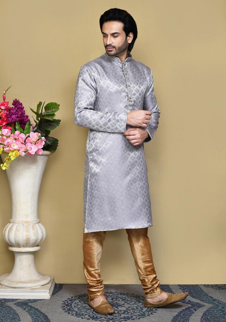 Grey Woven Silk Kurta Set For Men