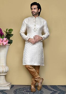 Cream Woven Silk Kurta Set For Men