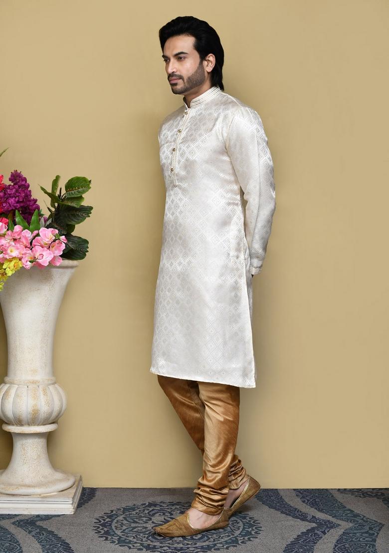 Cream Woven Silk Kurta Set For Men