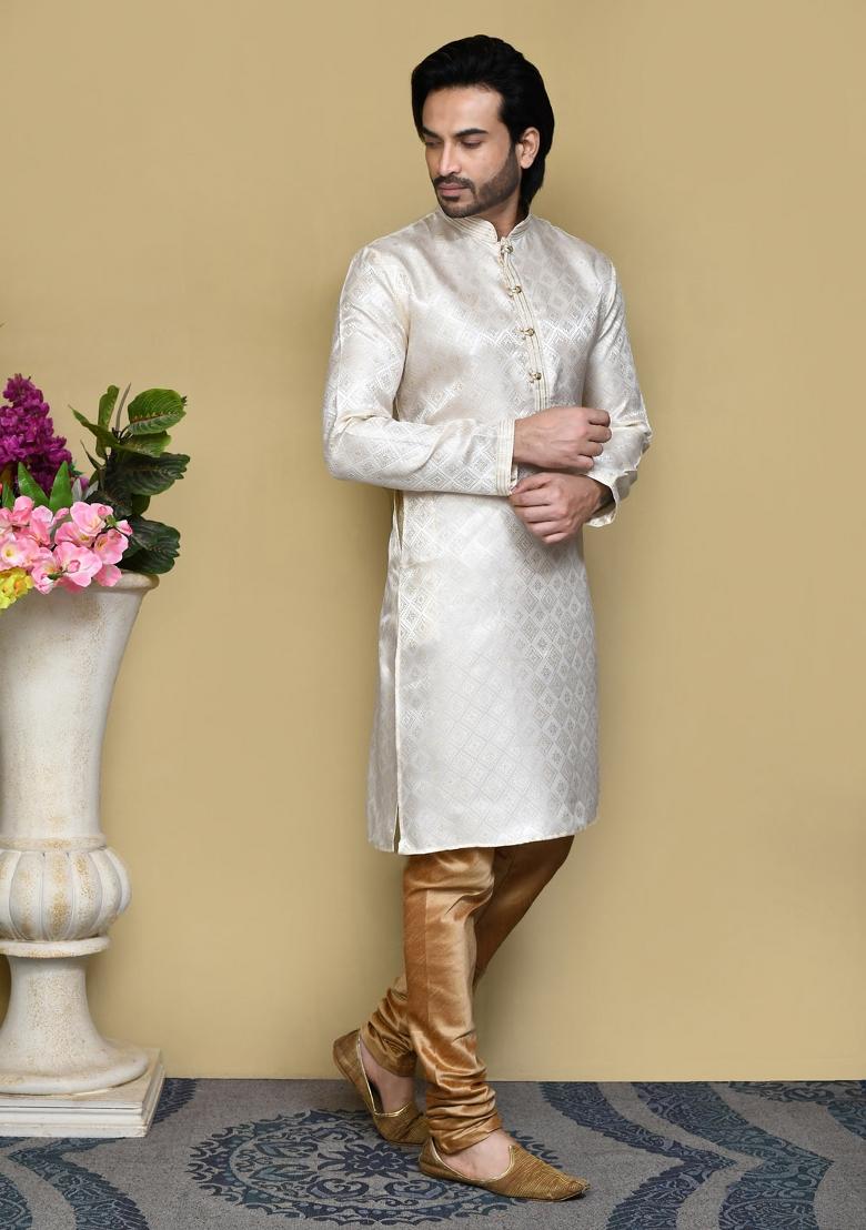 Cream Woven Silk Kurta Set For Men