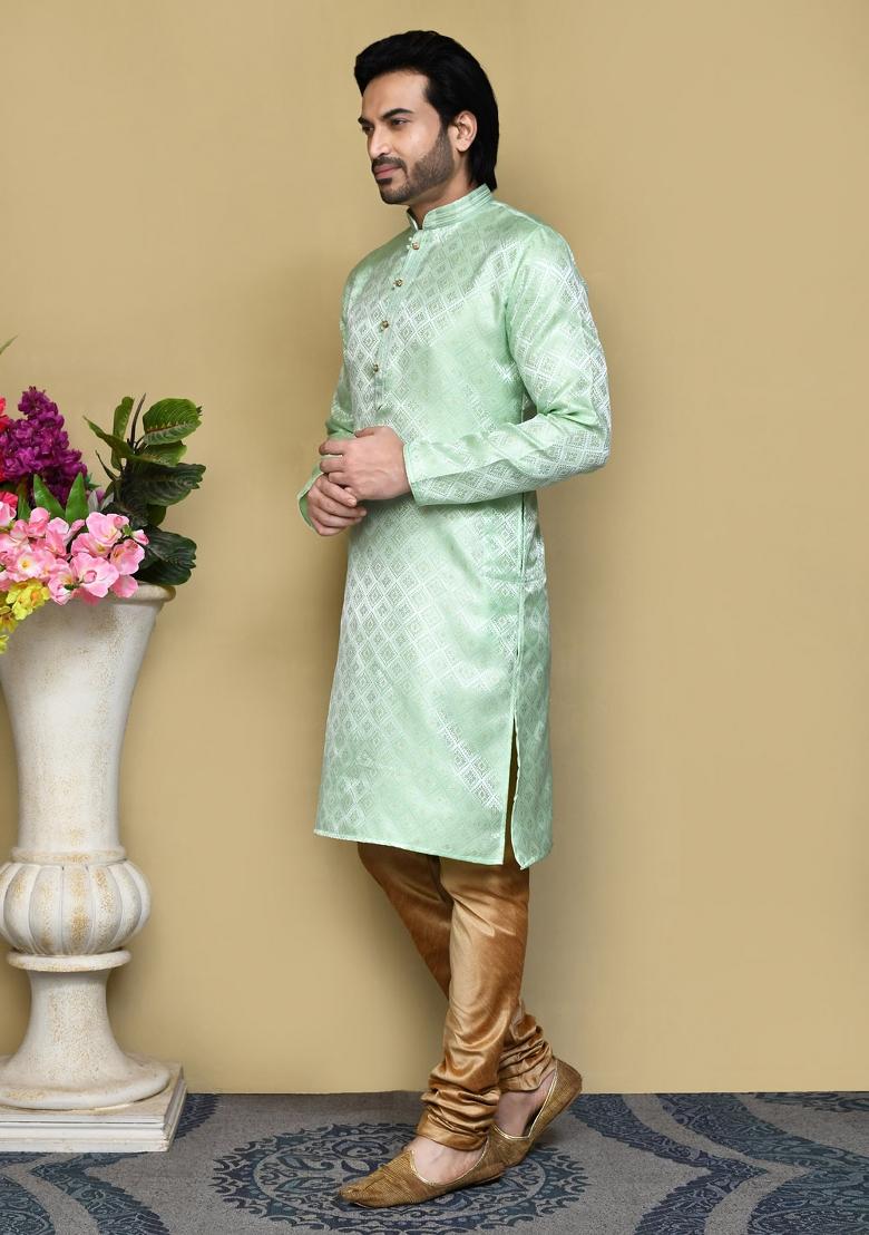 Pista Green Woven Silk Kurta Set For Men