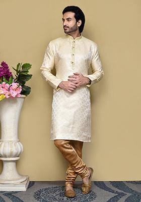 Gold Woven Silk Kurta Set For Men