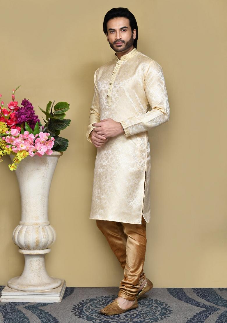 Gold Woven Silk Kurta Set For Men