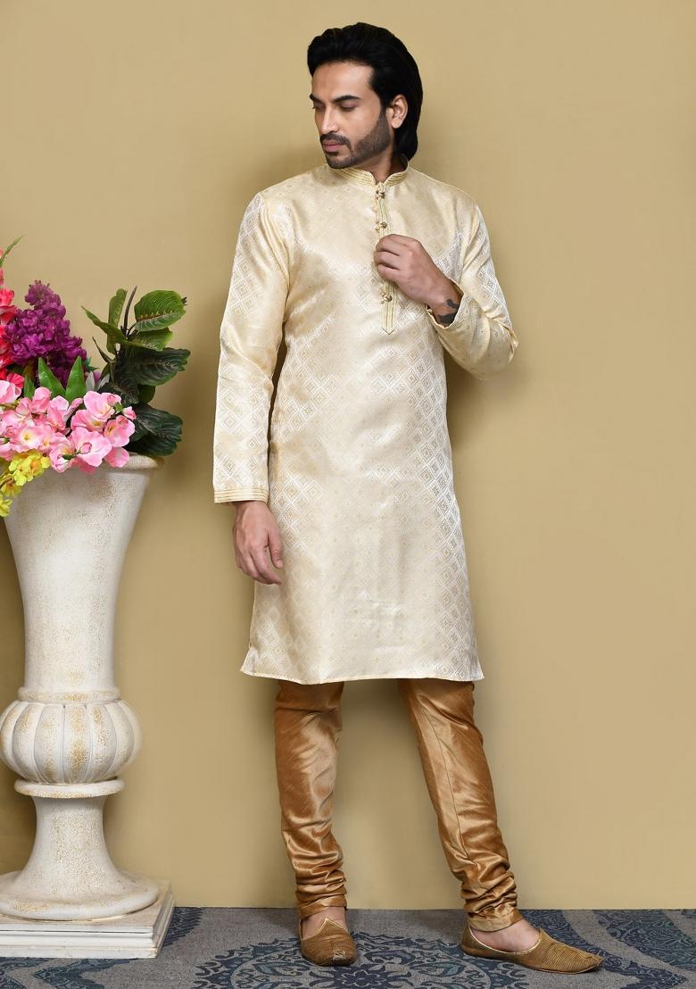 Gold Woven Silk Kurta Set For Men