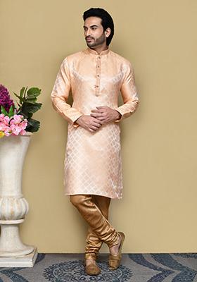 Rust Woven Silk Kurta Set For Men