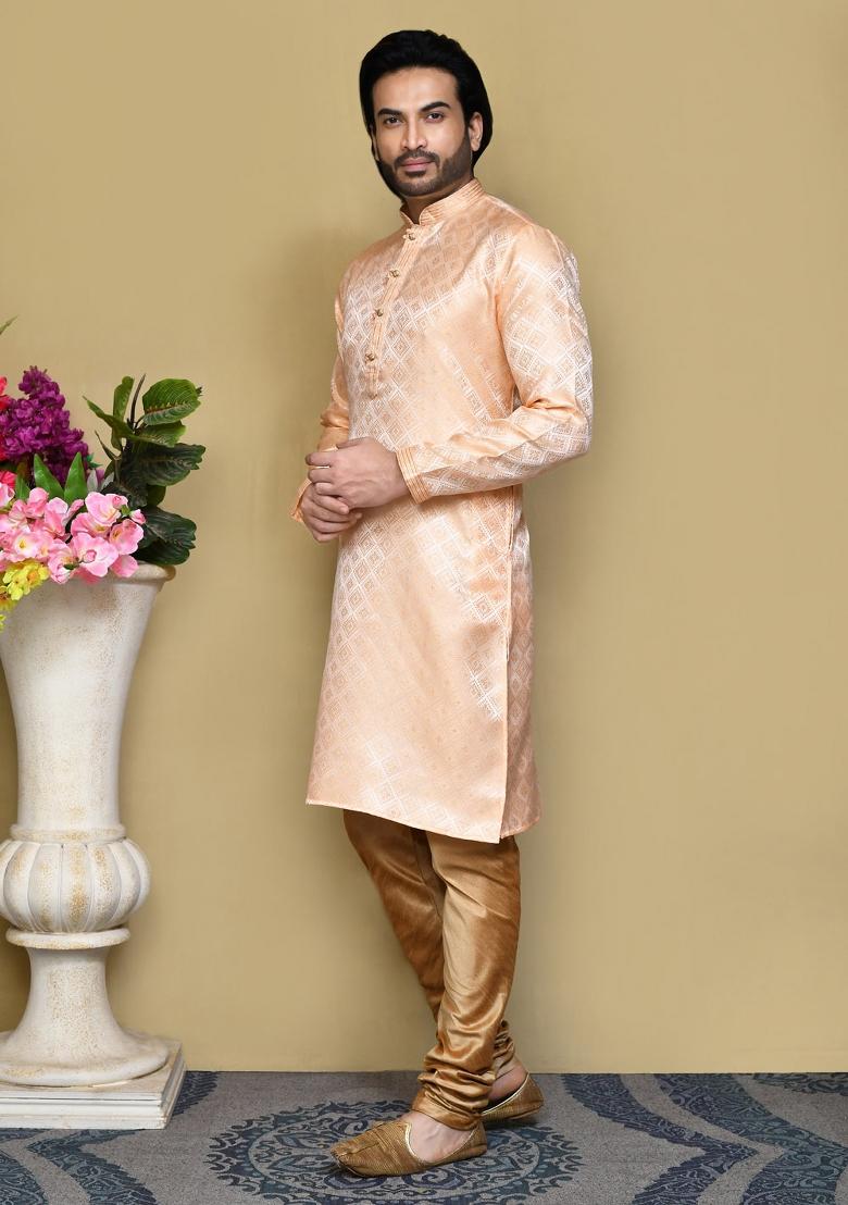 Rust Woven Silk Kurta Set For Men