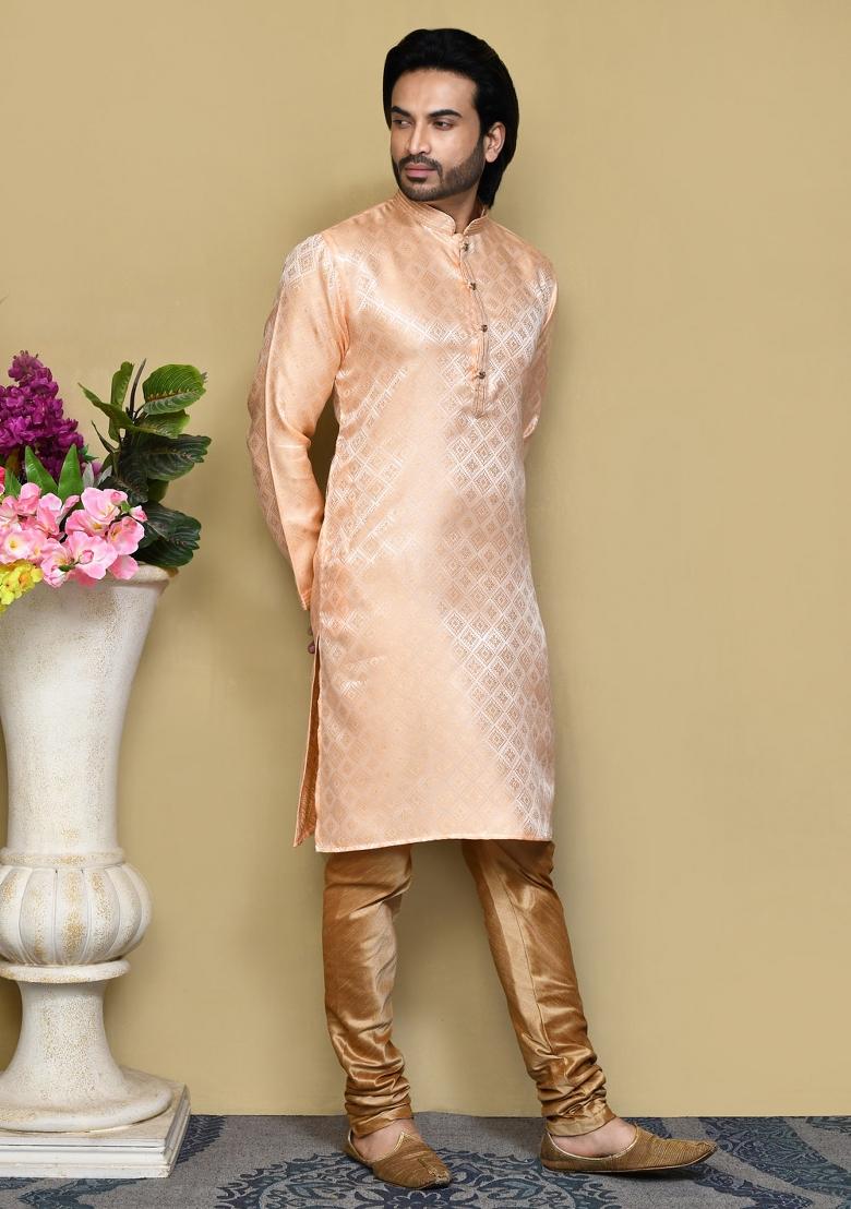 Rust Woven Silk Kurta Set For Men