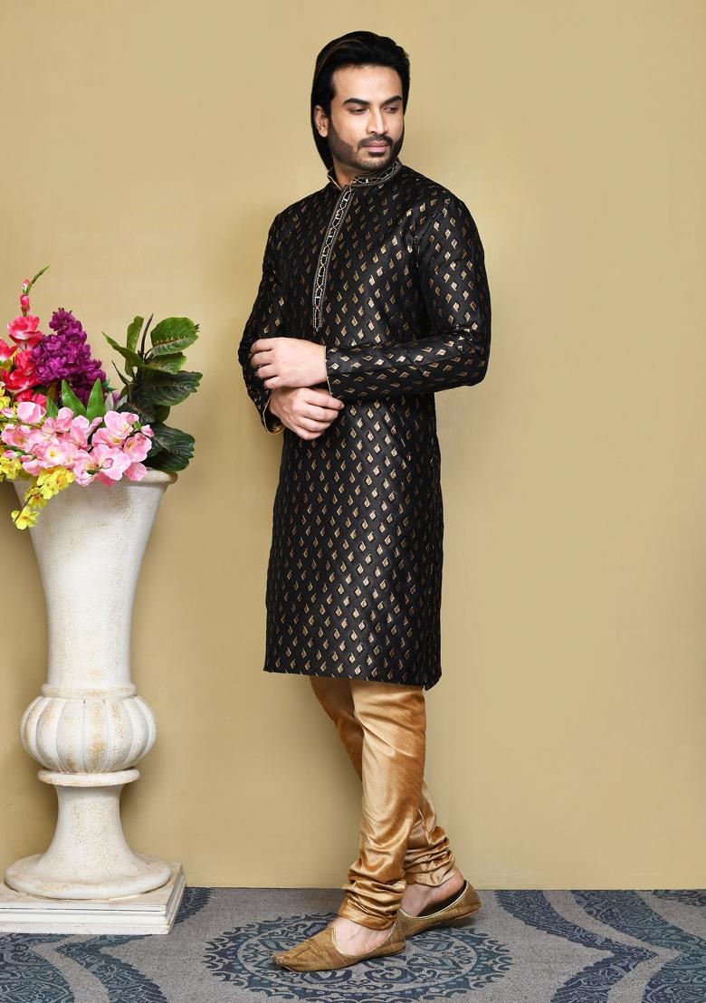 Black Woven Silk Kurta Set For Men