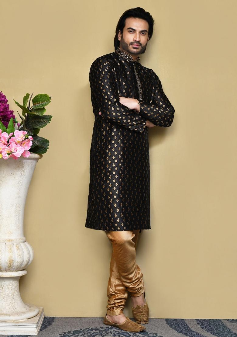 Black Woven Silk Kurta Set For Men