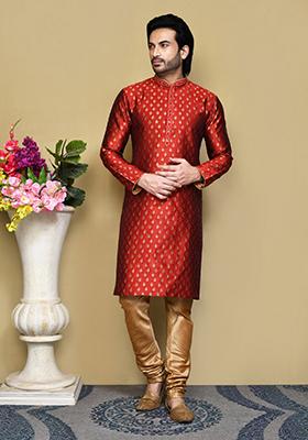 Red Woven Silk Kurta Set For Men