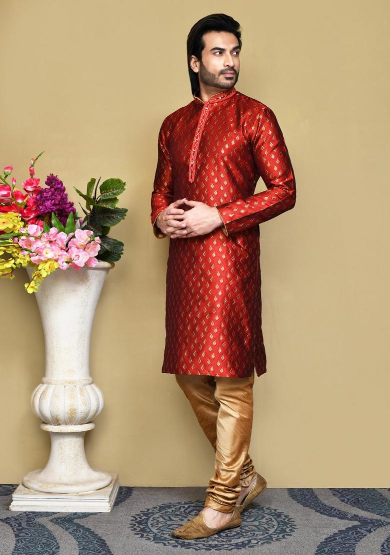 Red Woven Silk Kurta Set For Men