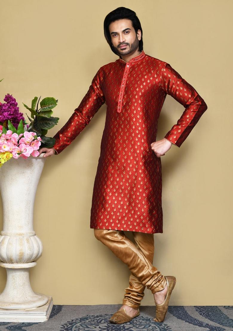 Red Woven Silk Kurta Set For Men