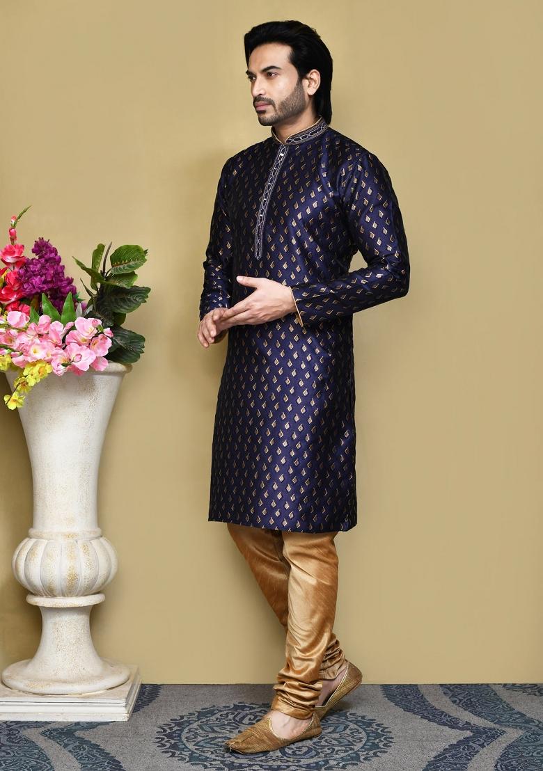 Royal Blue Woven Silk Kurta Set For Men