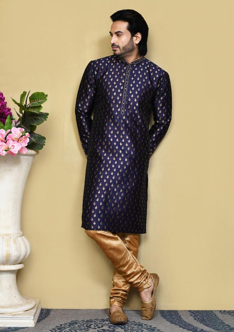 Royal Blue Woven Silk Kurta Set For Men