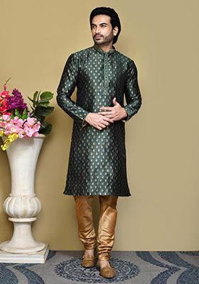 Green Woven Silk Kurta Set For Men