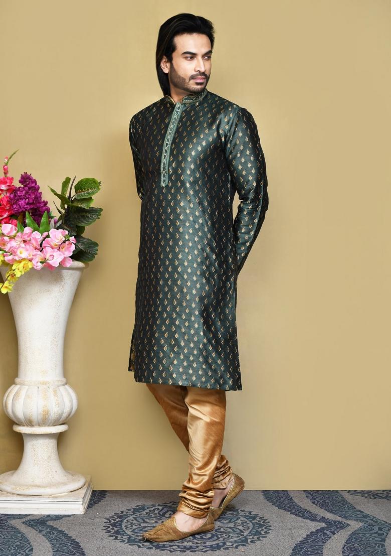 Green Woven Silk Kurta Set For Men