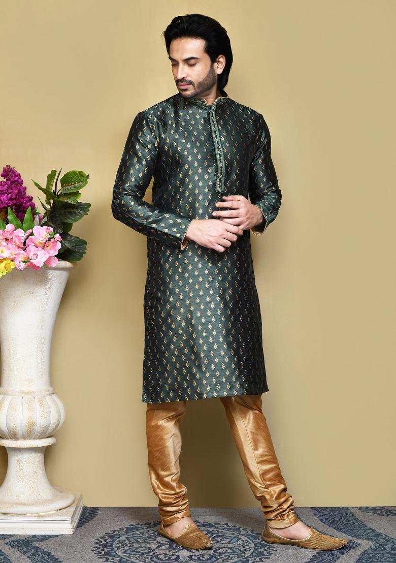 Green Woven Silk Kurta Set For Men