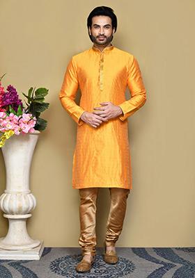 Yellow Woven Silk Kurta Set For Men