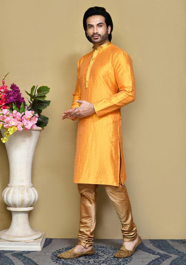 Yellow Woven Silk Kurta Set For Men