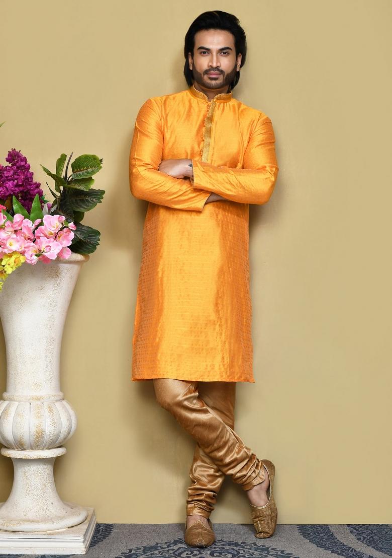 Yellow Woven Silk Kurta Set For Men