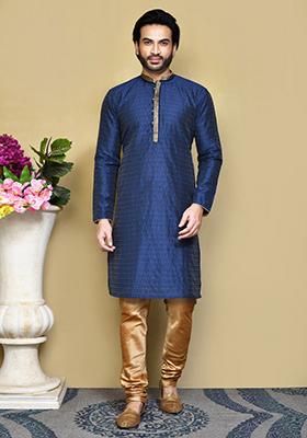 Royal Blue Woven Silk Kurta Set For Men