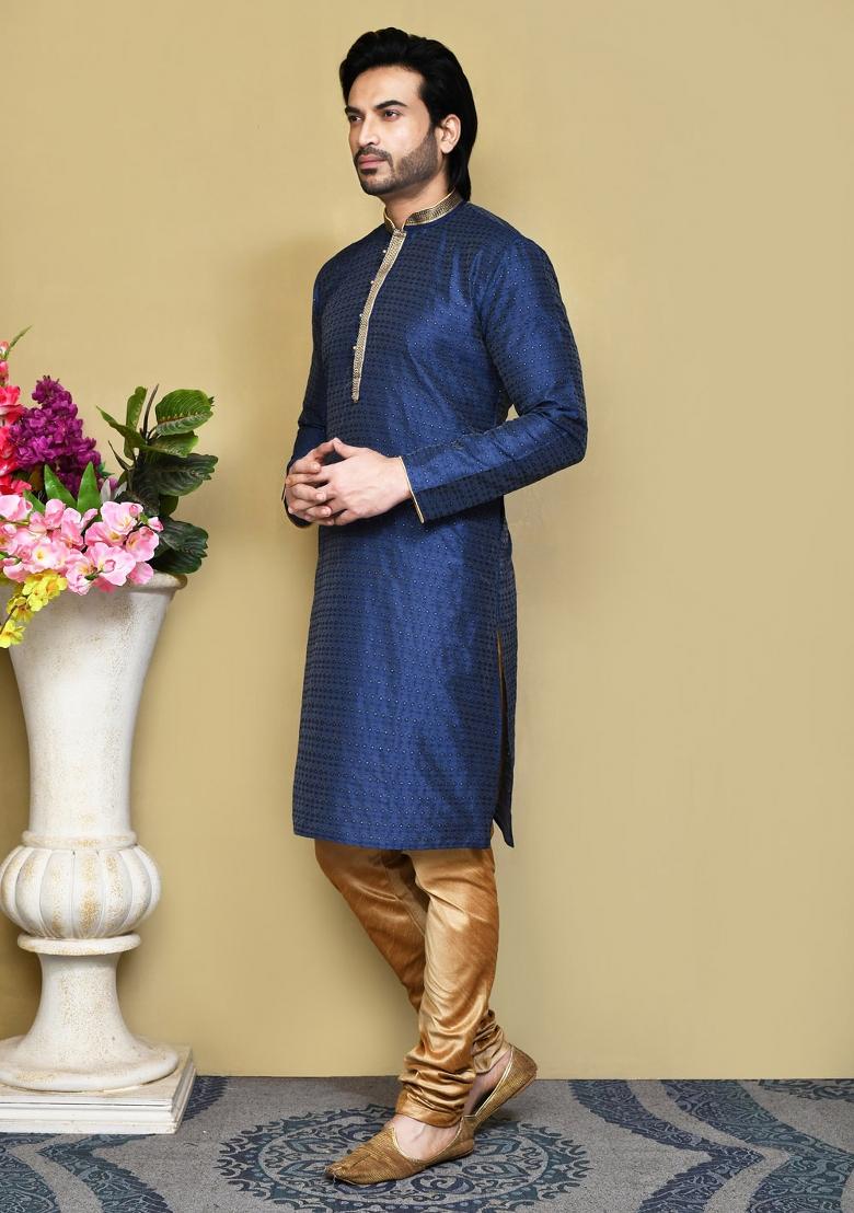 Royal Blue Woven Silk Kurta Set For Men