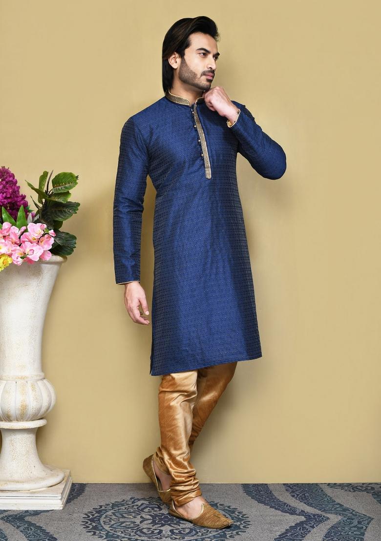 Royal Blue Woven Silk Kurta Set For Men