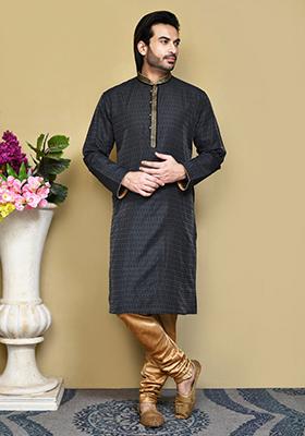 Black Woven Silk Kurta Set For Men