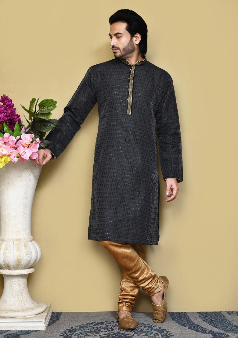 Black Woven Silk Kurta Set For Men