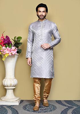 Grey Woven Silk Kurta Set For Men