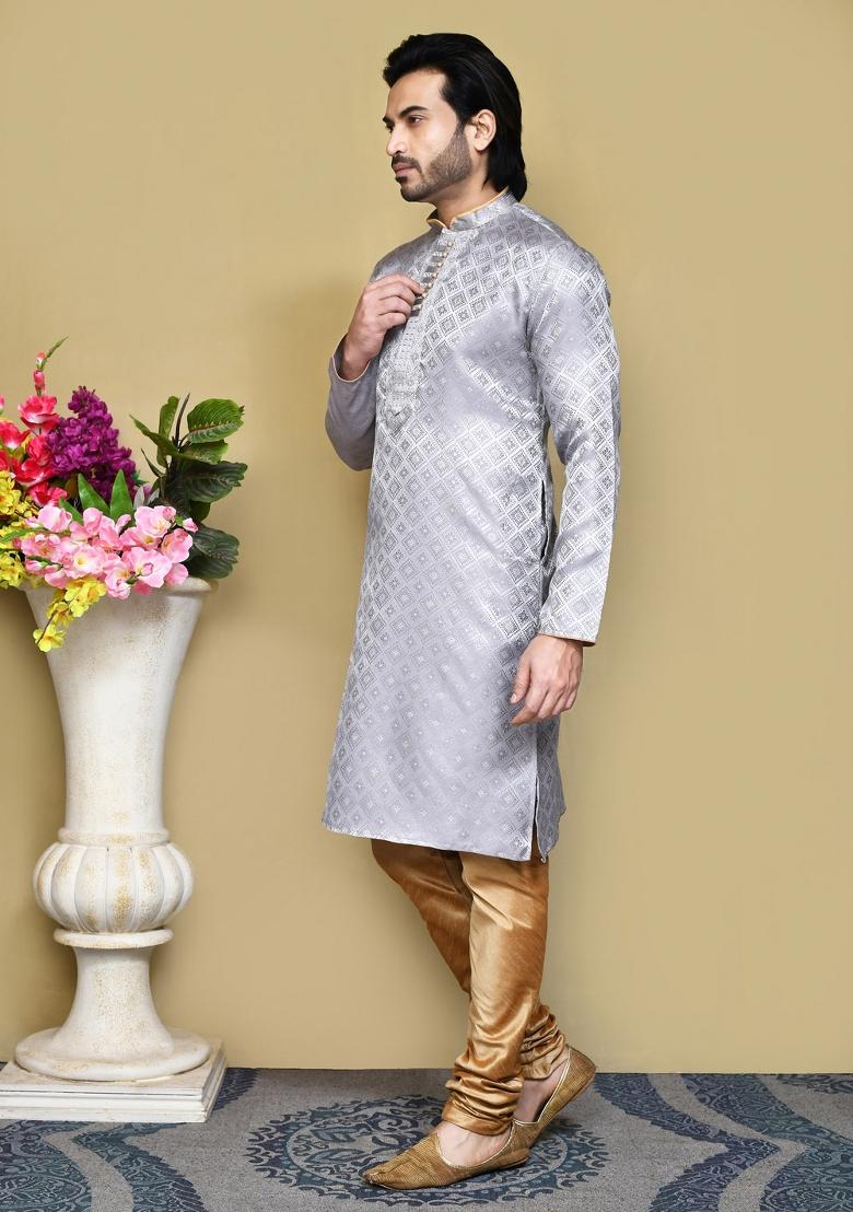 Grey Woven Silk Kurta Set For Men